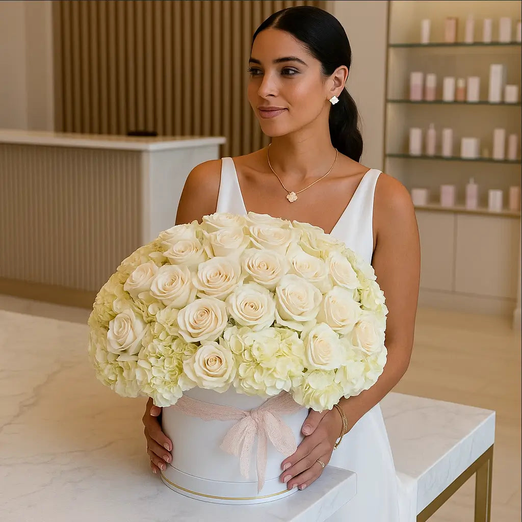Princess Dream bouquet with white roses and hydrangeas on salon reception desk held by elegant woman in jewelry — Miami delivery