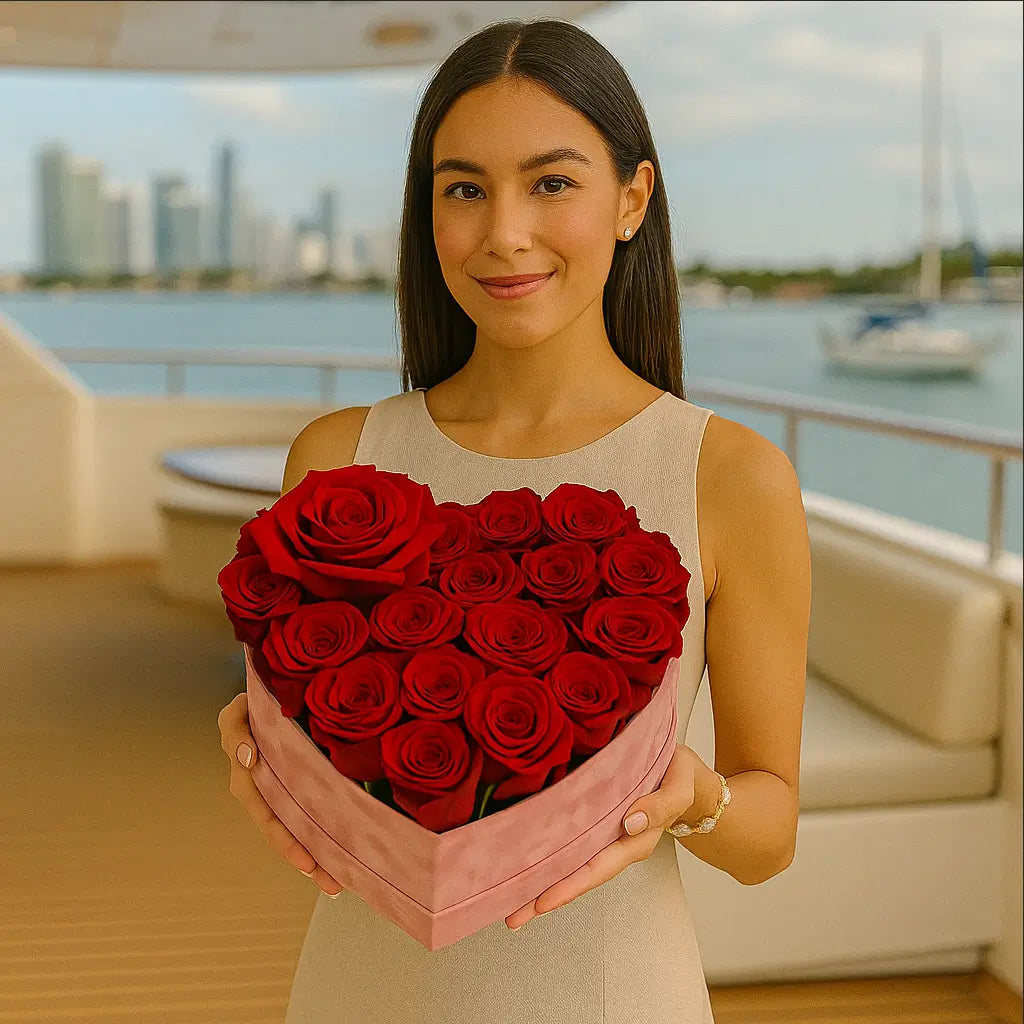 Red heart bouquet with 50 red roses in velvet designer box held on a yacht — elegant luxury gifting in Miami