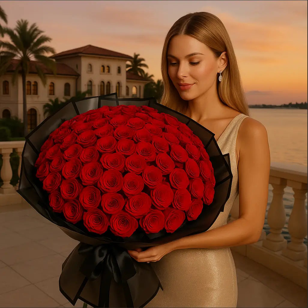 Red Roses hand-tied bouquet with 200 red roses in black wrap held by elegant woman at villa terrace during sunset — luxury flower delivery Miami