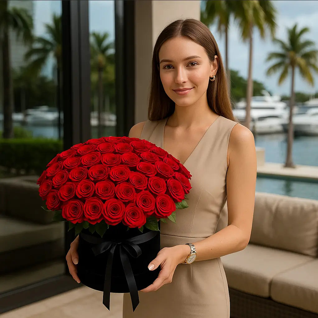 Red roses in box — 100 long stem roses in black velvet box held by woman on marina terrace — luxury flower gift Miami
