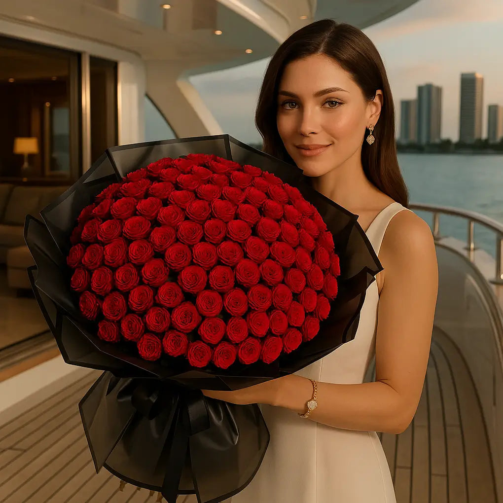 Hand-tied bouquet of over 200 small red roses in black wrap held by elegant woman on yacht during Miami sunset — luxury flower delivery