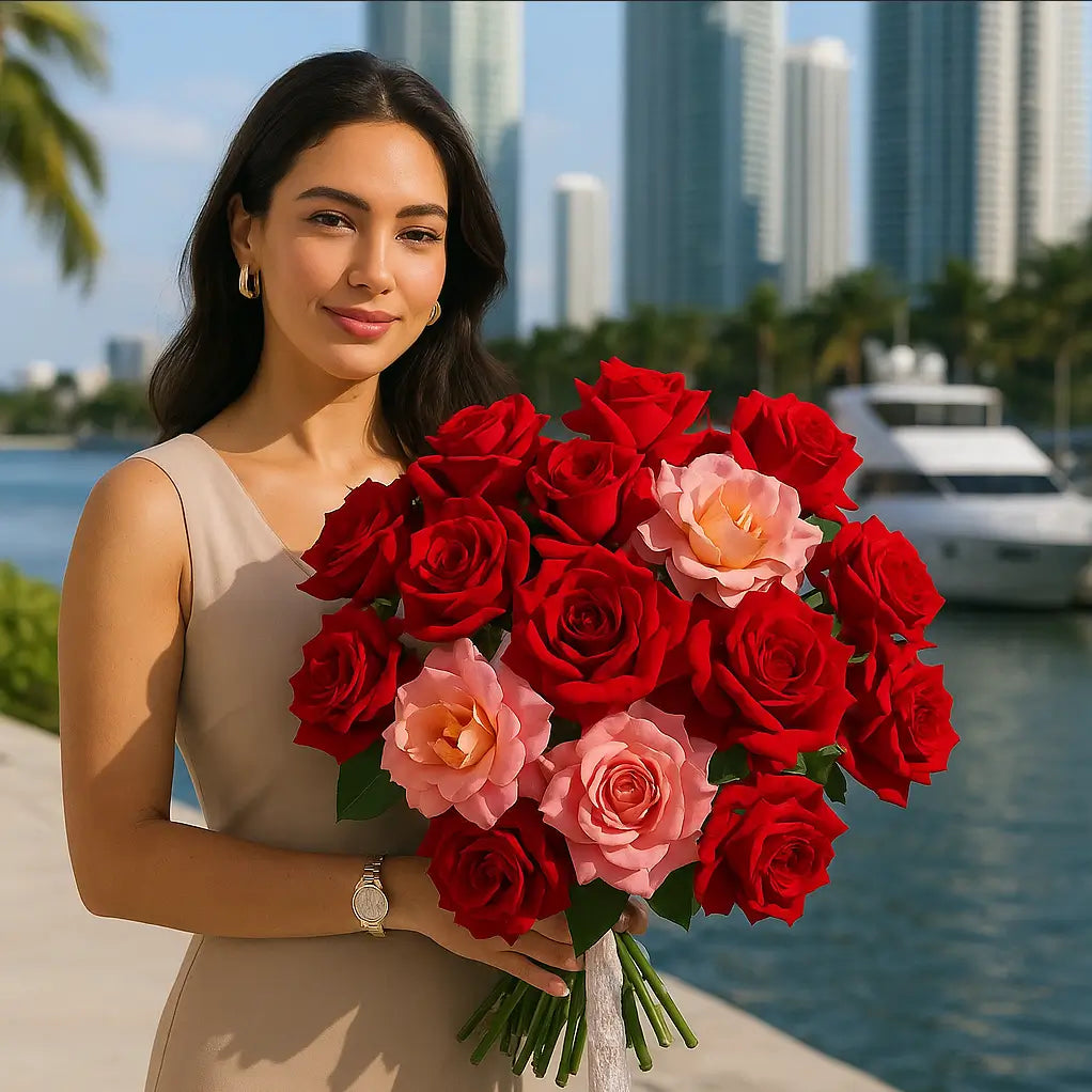 Luxury red and pink rose bouquet in hand-tied style by the marina in Miami — same-day flower delivery