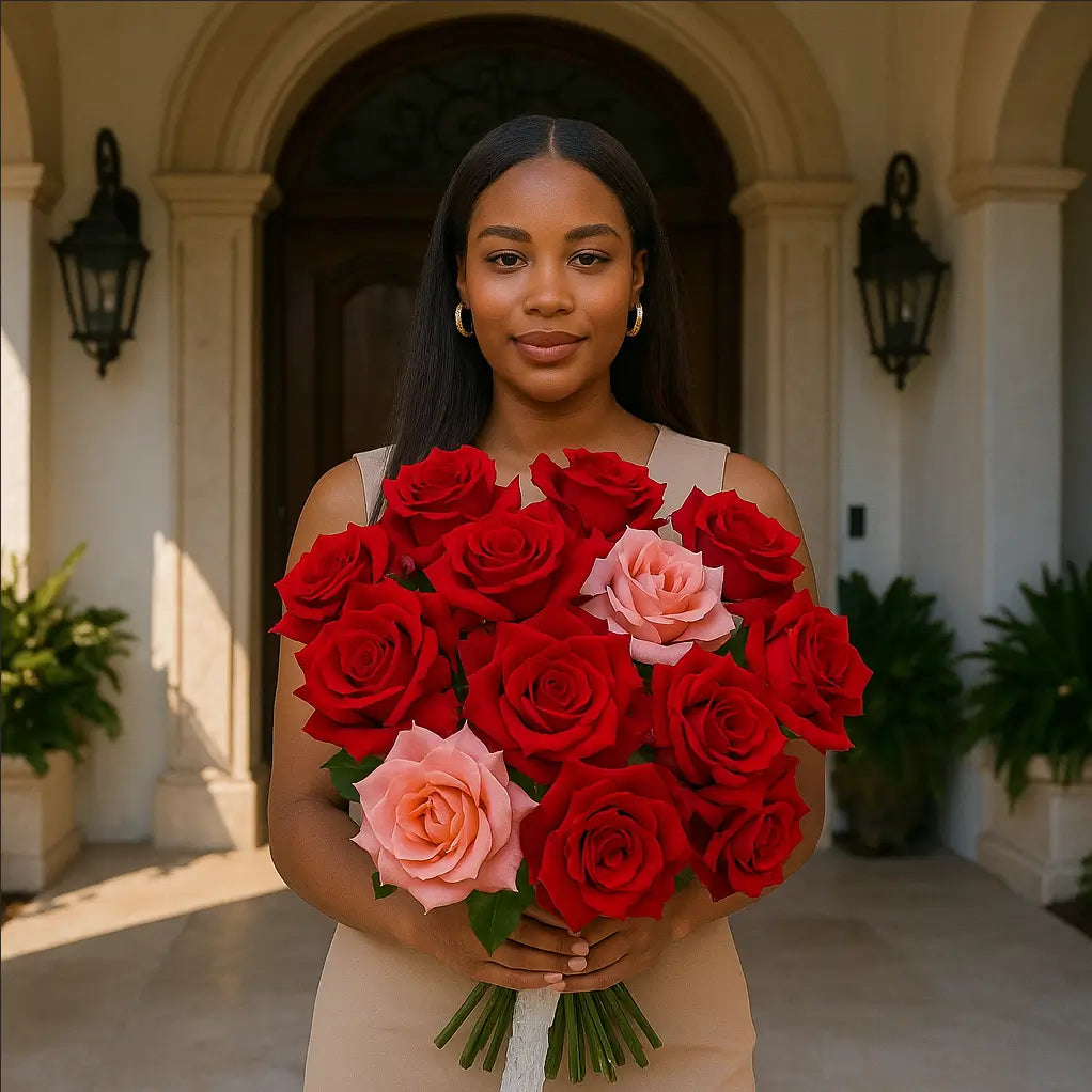 Hand-tied bouquet of red and pink roses held by a woman in front of a luxury Miami villa — same-day flower delivery