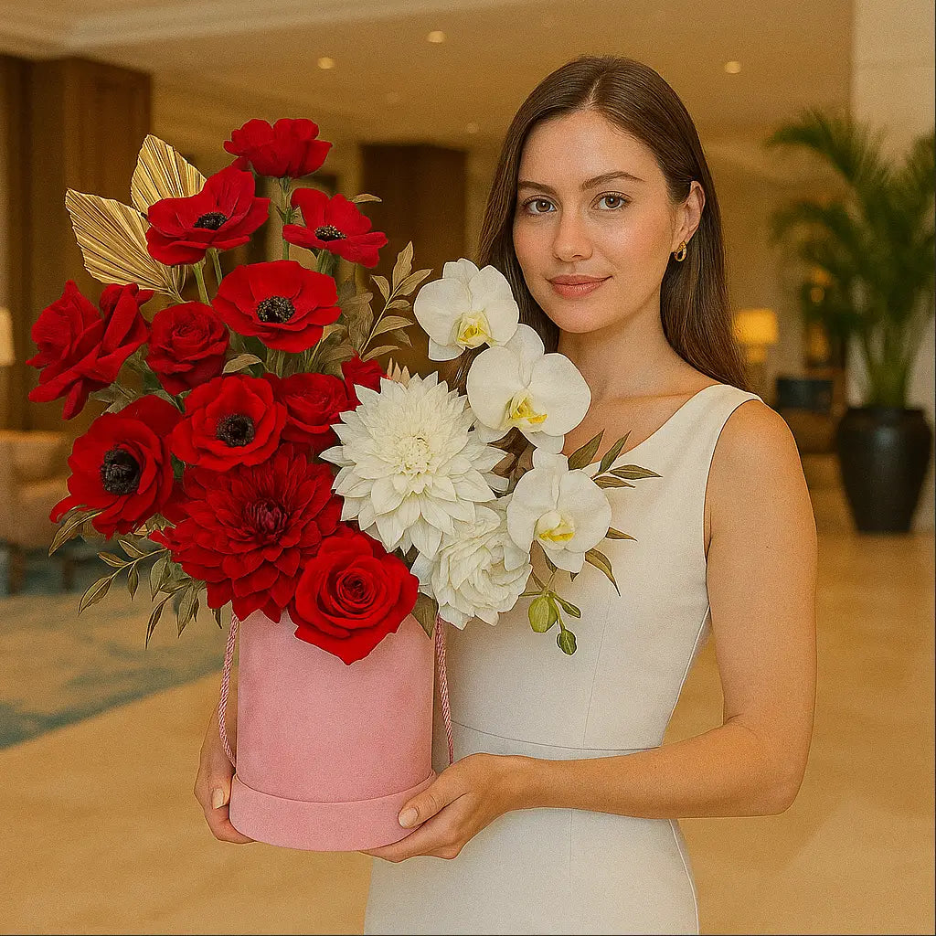  Luxury red and white bouquet with orchids and roses in designer box — held in hotel lobby, premium Miami flower delivery