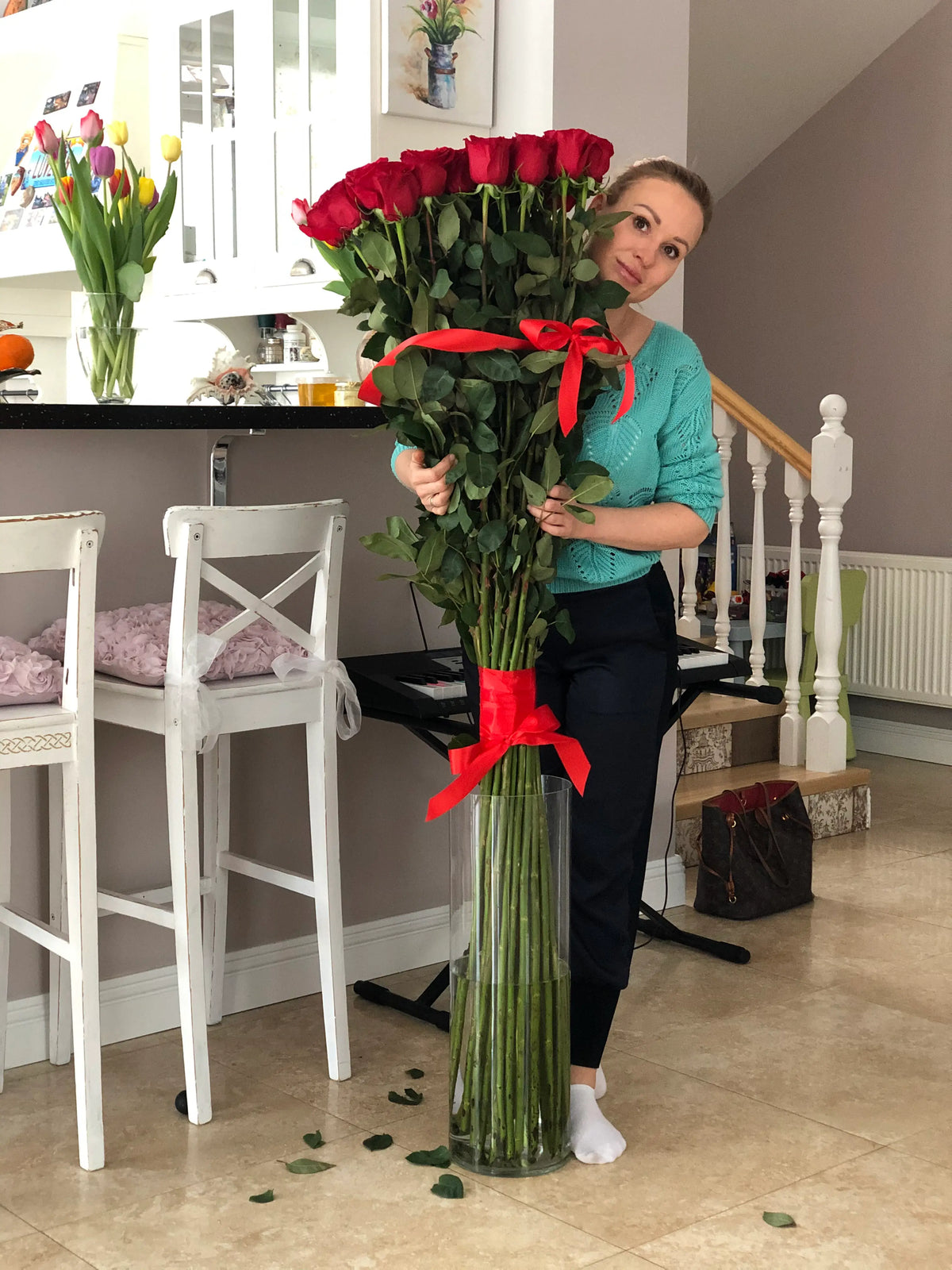 Romantic long stem red roses bouquet