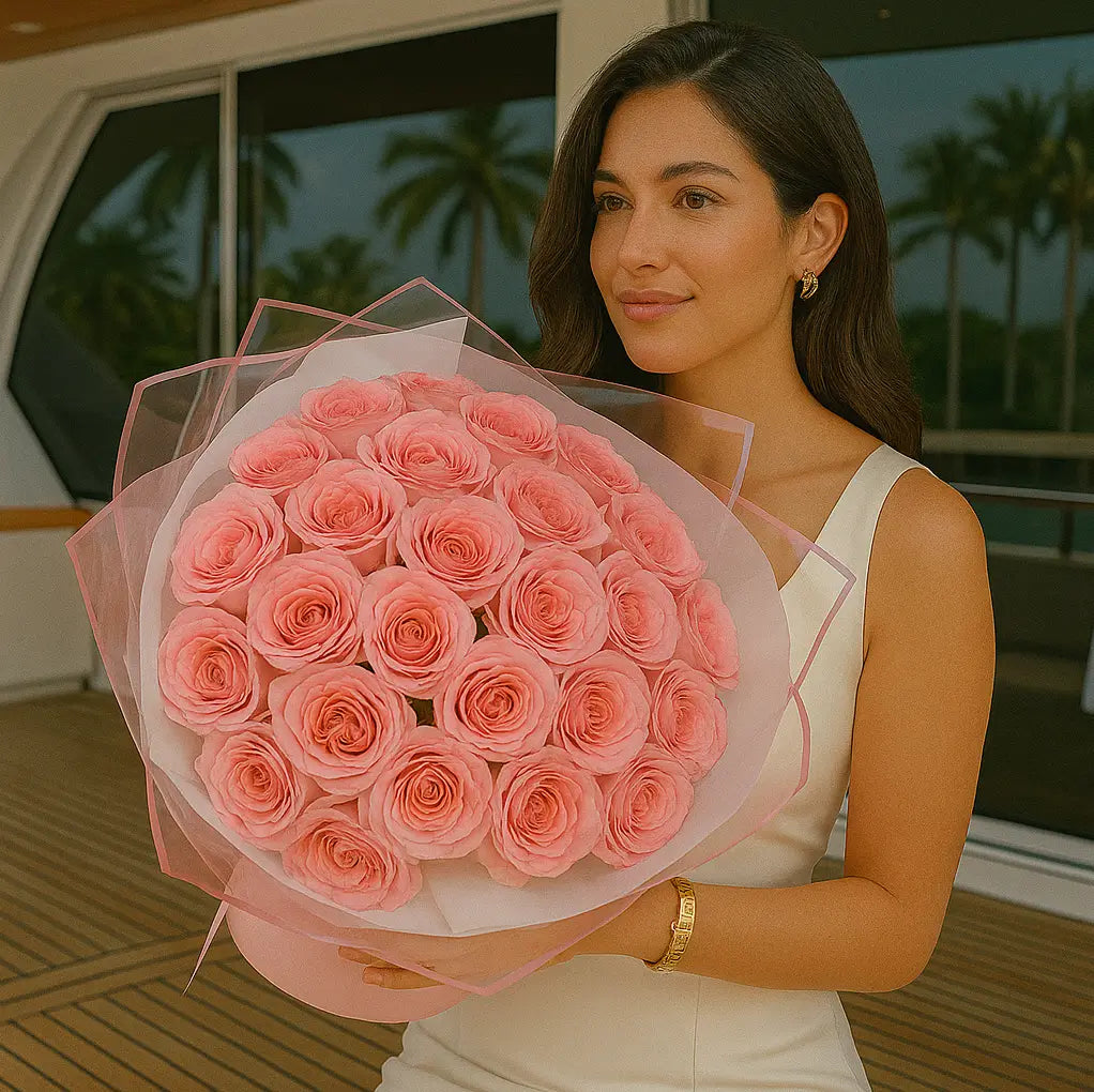 Bouquet of soft pink roses with pink and transparent wrapping on a yacht in Miami