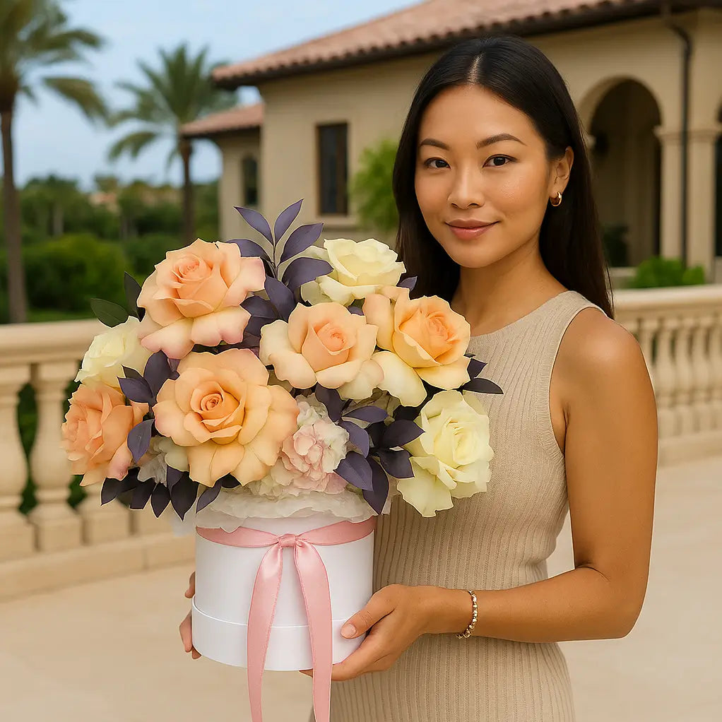 Roses charm bouquet with open pastel roses in white designer box held by woman on villa terrace — romantic luxury flower delivery Miami