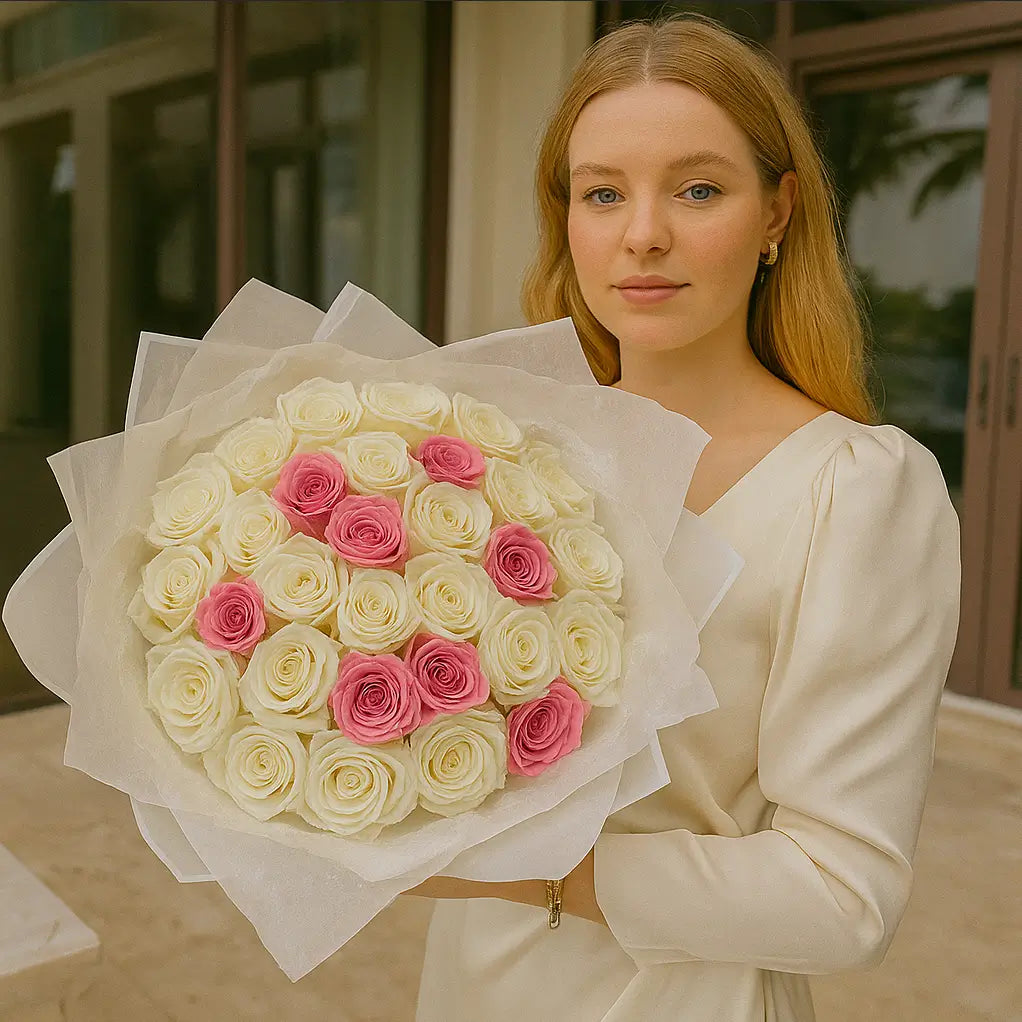 Hand-tied bouquet of 100 white and pink roses with white wrapping held by a woman in Miami — luxury romantic flower delivery
