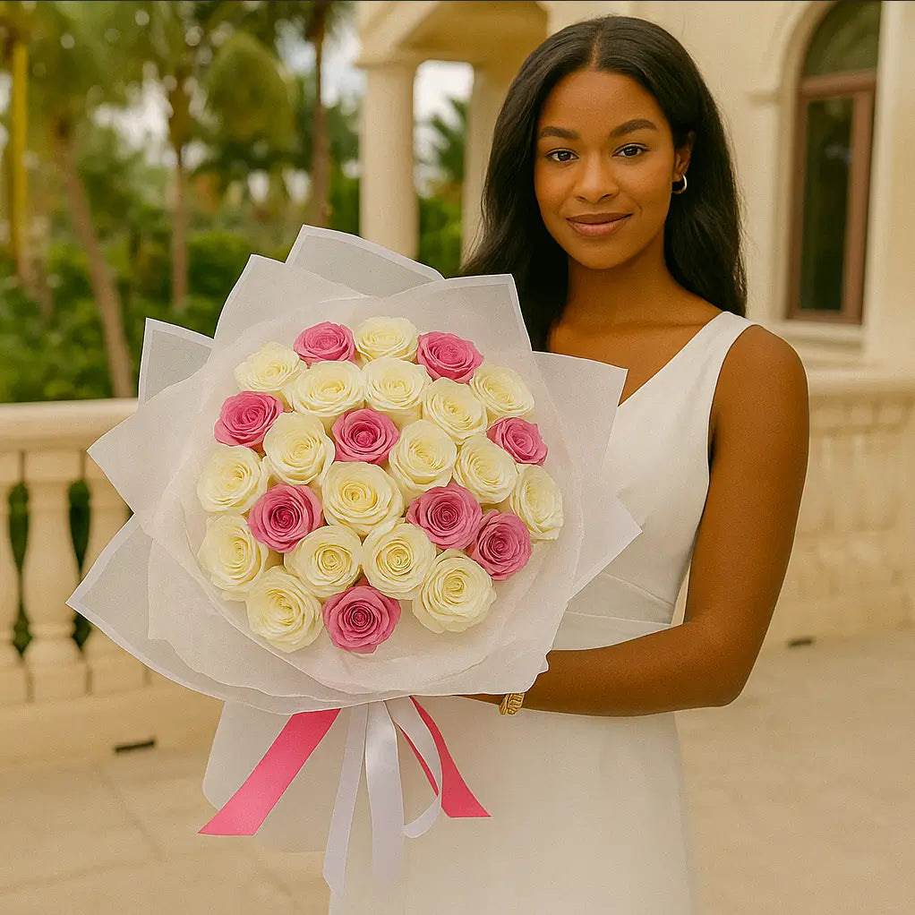 Luxury bouquet of 100 white and pink roses with white wrapping and pink ribbon on a villa balcony — same-day flower delivery in Miami