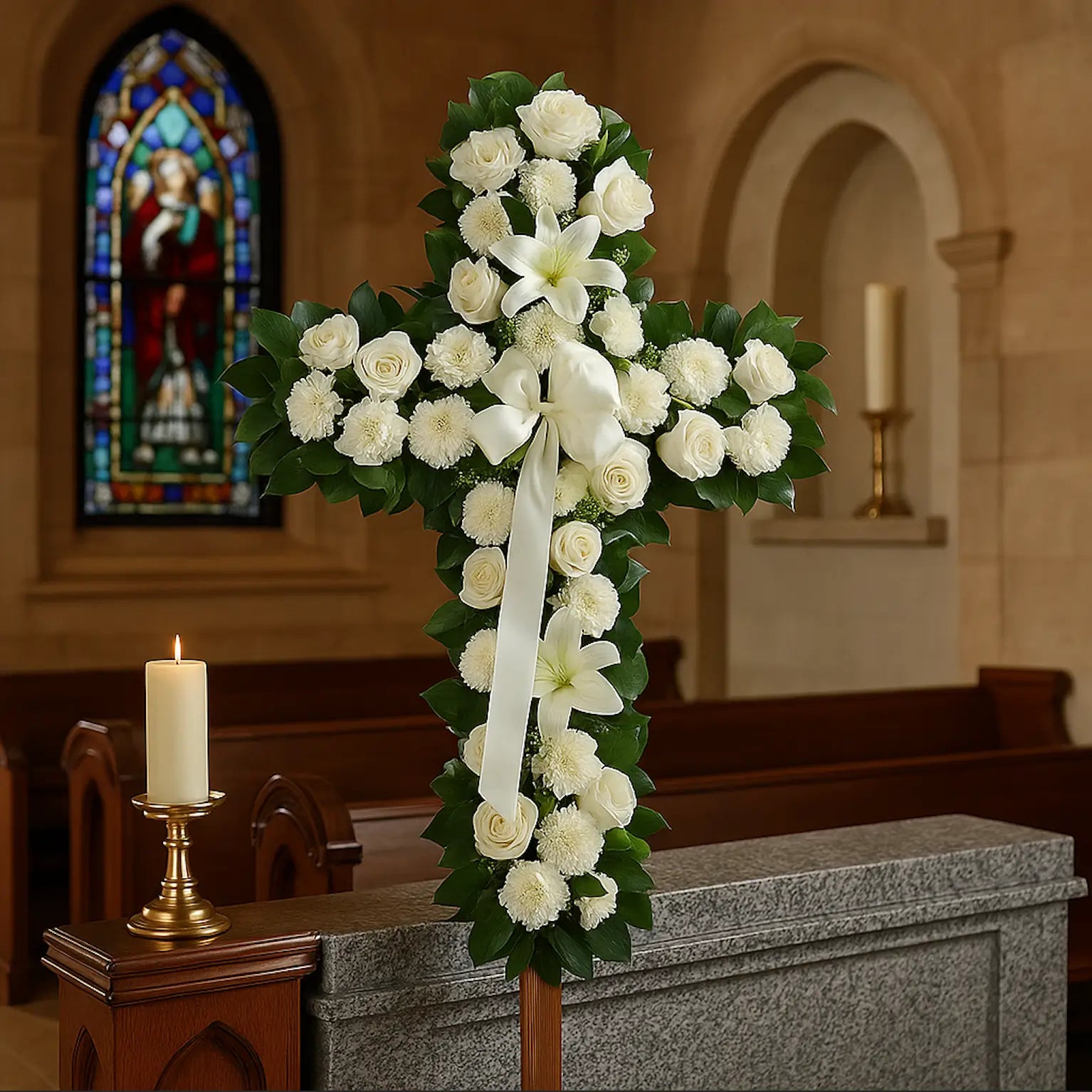 Elegant floral cross with white roses, lilies and chrysanthemums in church — Memorial Day by Miami Flower Delivery