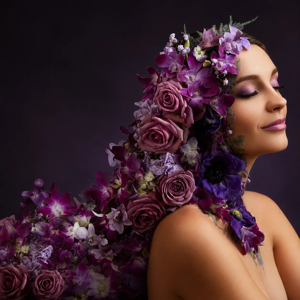 Silent Scream Floral Is Art™ wearable flower design featuring purple orchids, roses, and luxury floral couture artistry.