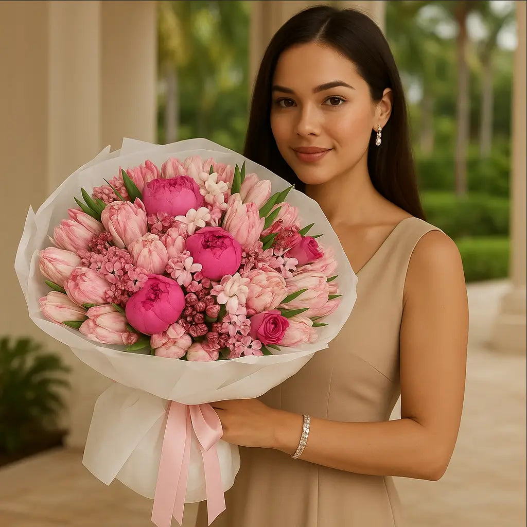 Spring Symphony bouquet with peonies, tulips and soft pink florals in white wrap held by elegant woman — luxury flower delivery Miami