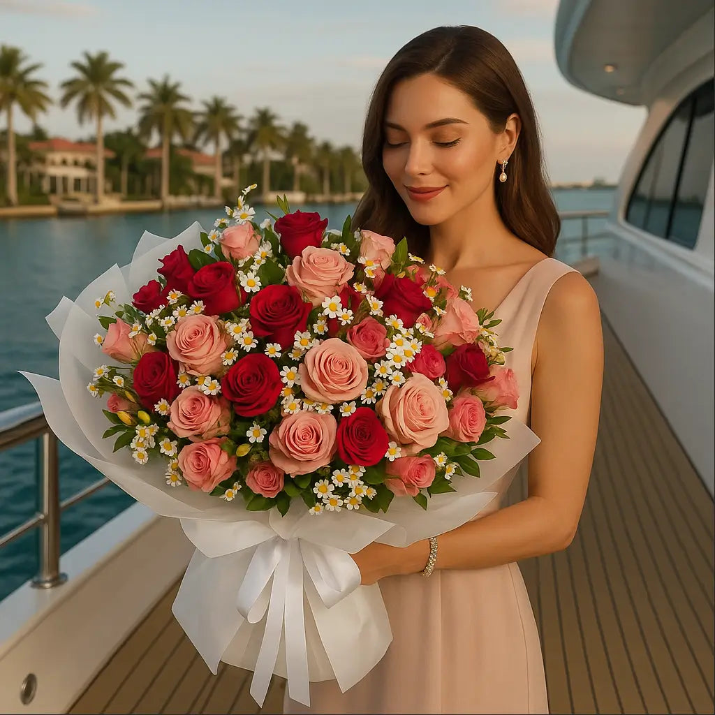 Sun-Kissed bouquet with soft pink and red roses, white wrap and daisies — held by elegant woman on yacht in Miami
