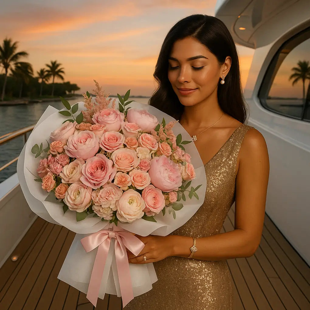 Sun-Kissed bouquet with soft pink roses and white wrap held by elegant woman at sunset on yacht — luxury flower delivery Miami