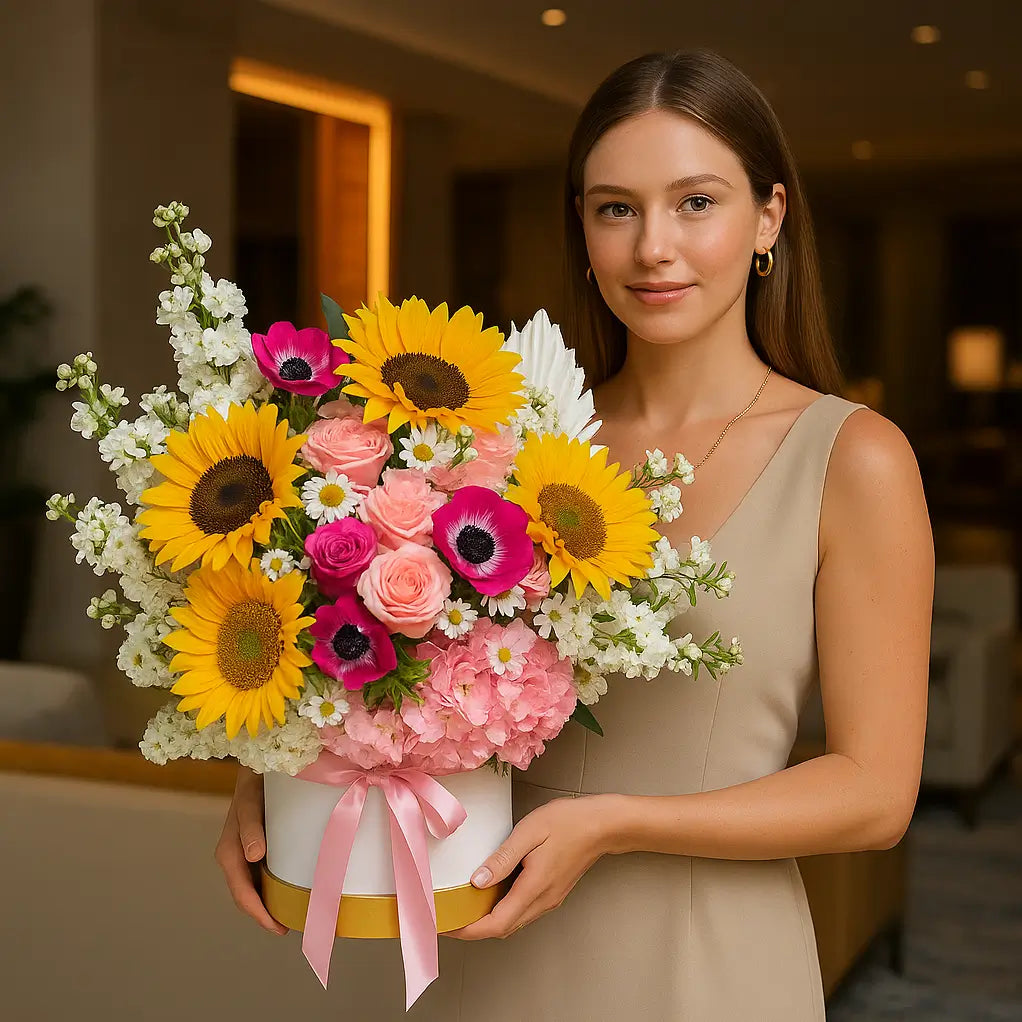 Sunny Day XL bouquet with sunflowers, roses, anemones and daisies in luxury white box held by woman in elegant hotel lobby — Miami flower delivery