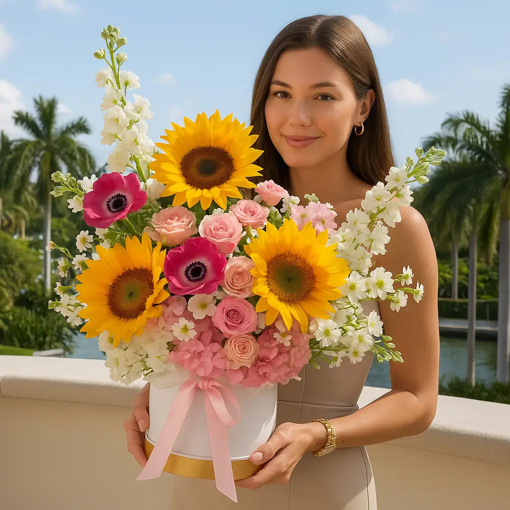 Sunny Day floral bouquet with sunflowers, pink roses and white blooms in a designer box held by woman on tropical villa balcony — Miami flower delivery