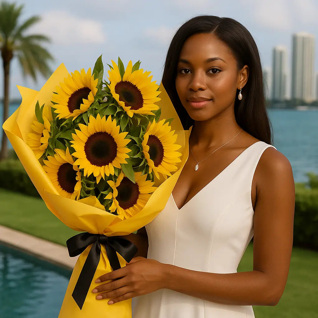Sunny Delight sunflower bouquet in yellow wrap with black ribbon, held by elegant woman near Miami skyline — luxury flower delivery