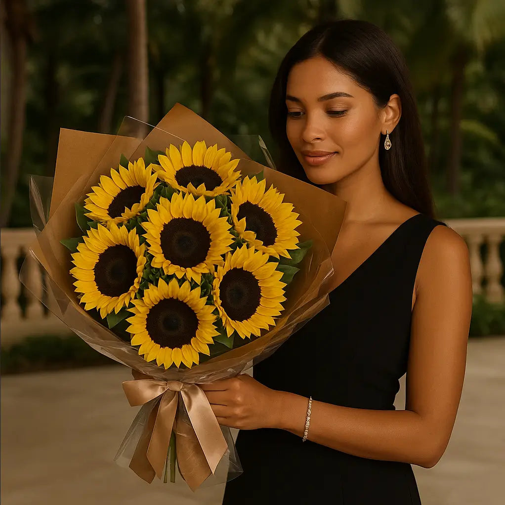 Sunshine bouquet with sunflowers and luxury wrapping held by elegant woman in garden setting — same-day flower delivery Miami