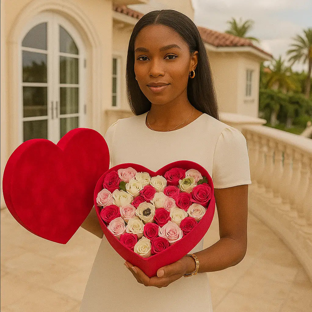 Heart-shaped flower box with roses in pink and white on villa balcony — luxury flower delivery in Miami