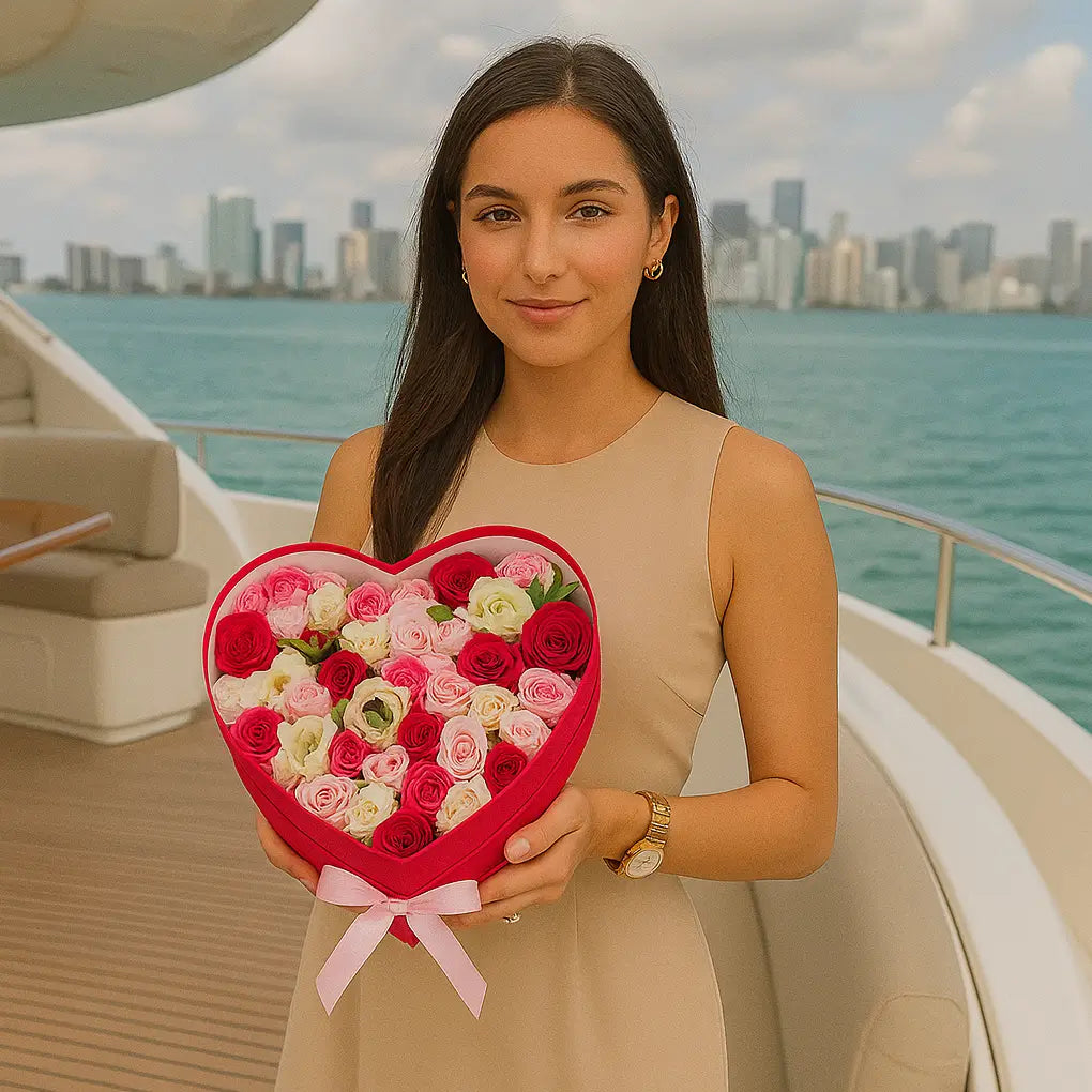 Sweet Heart floral box in heart shape with pink and red roses on yacht — luxury flower delivery Miami
