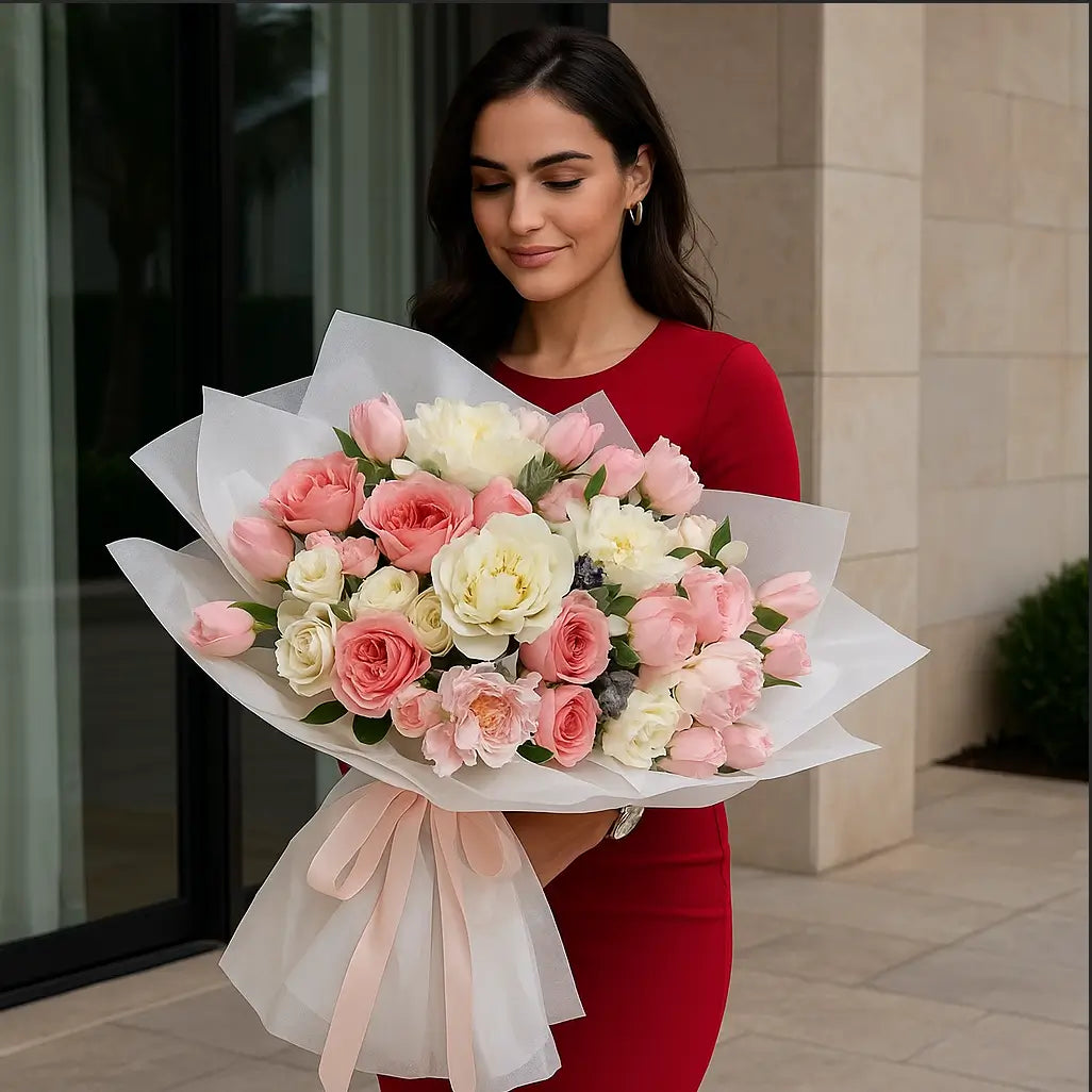 Hand-tied bouquet with soft pink and white flowers held by a woman in a red dress near a modern luxury building — Miami same-day delivery