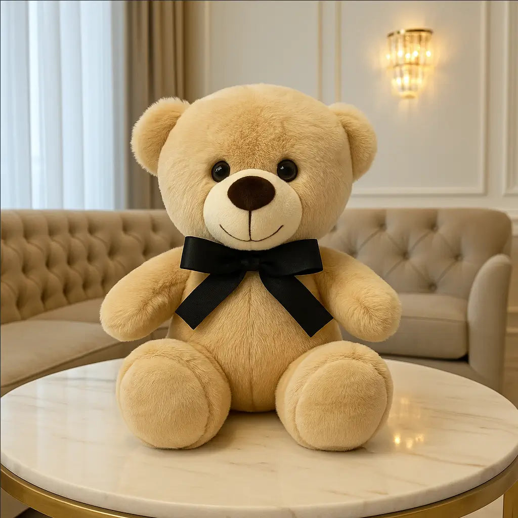 Creamy beige teddy bear with black bow on marble table in elegant living room — limited luxury gift in Miami