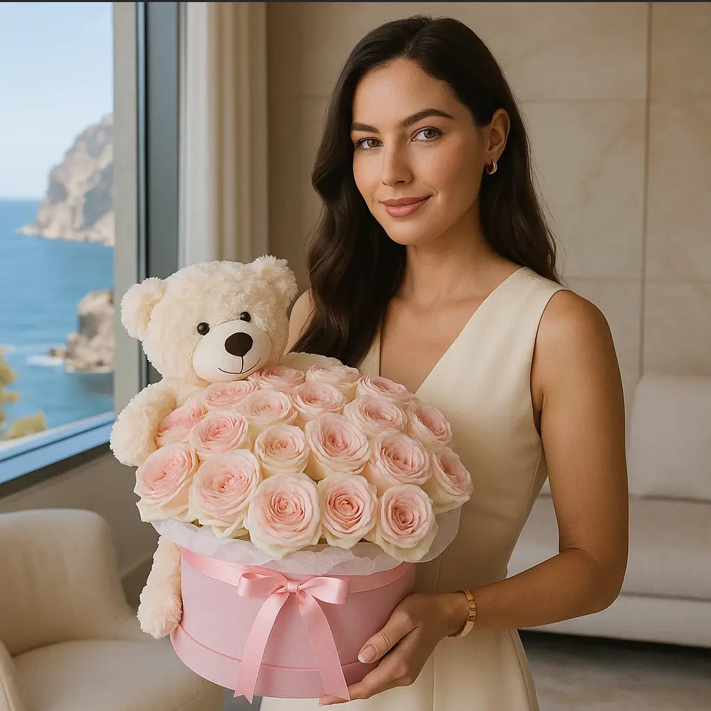 Luxury box with pale pink roses and white teddy bear held by woman in elegant setting — romantic gift in Miami