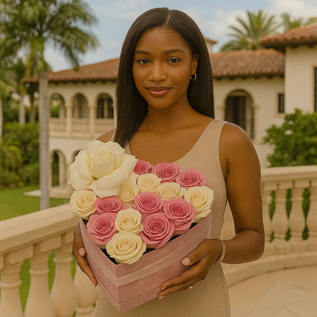 Tender Heart floral box with pink velvet and ivory roses on villa balcony — limited luxury flower delivery in Miami