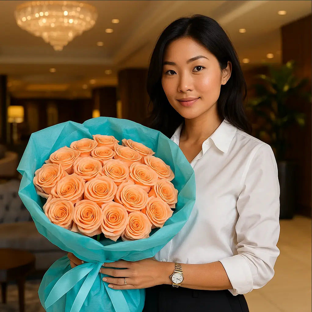 Luxury bouquet of peach roses in bright turquoise paper held by woman in hotel lobby — same-day flower delivery in Miami