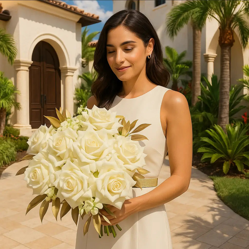 White bouquet with roses and gold leaves held by woman in front of luxury Mediterranean villa — elegant flower delivery Miami