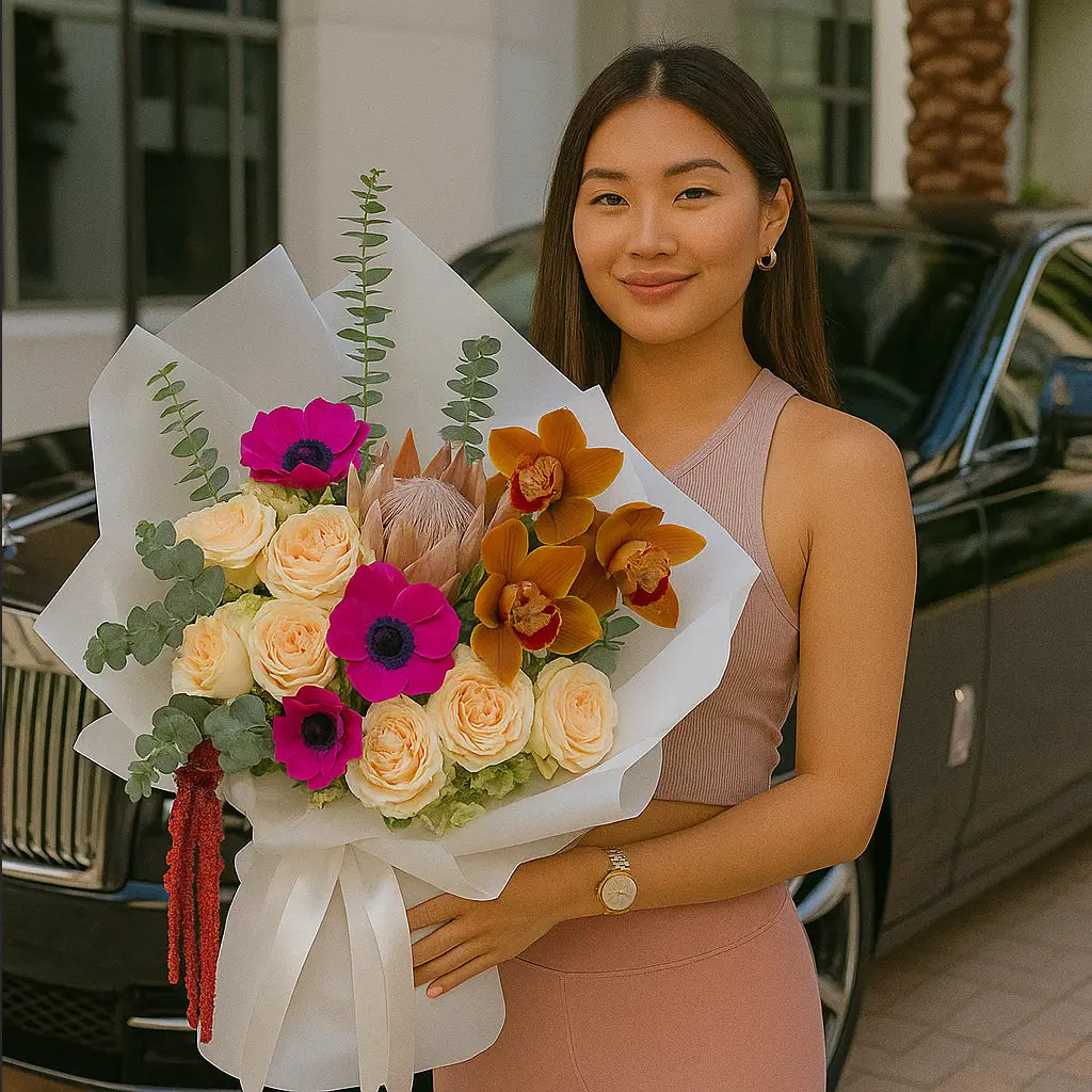 Tropical Mood hand-tied bouquet in white wrap with orchids and anemones — romantic luxury flower delivery Miami