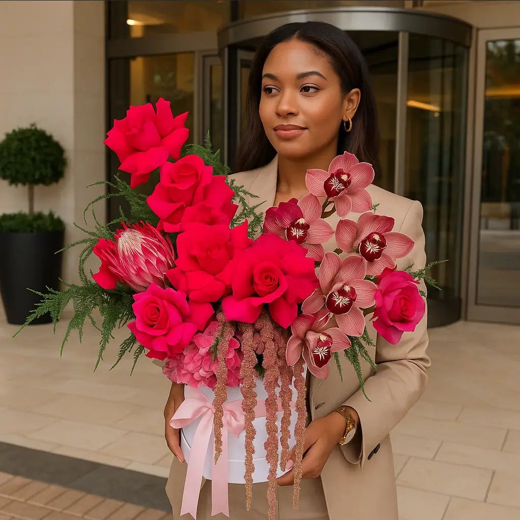 Tropical bouquet with roses, orchids, and anemones in white wrapping held by woman in garden setting — artistic flower delivery in Miami