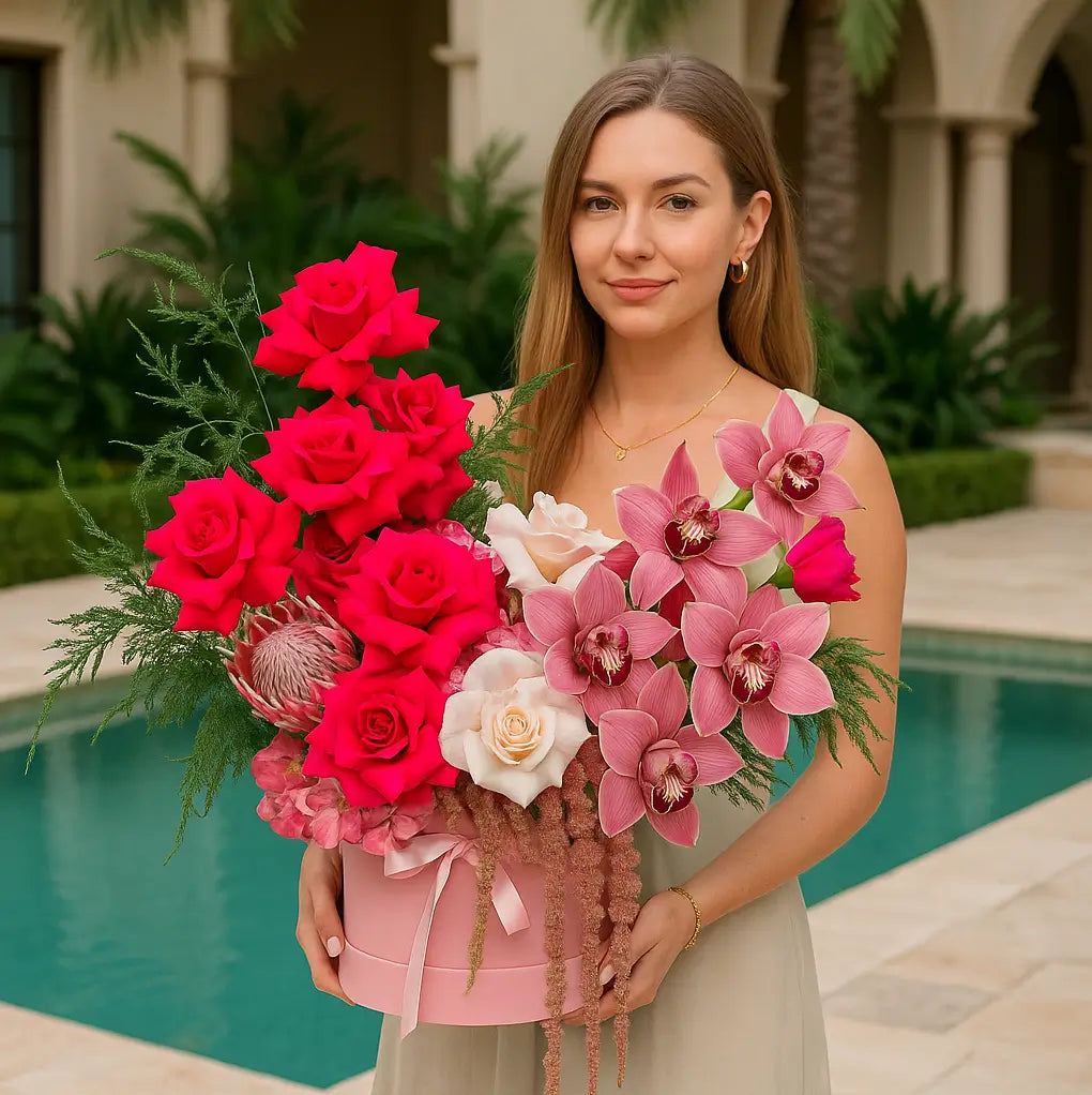 Hand-tied bouquet with exotic flowers and roses in white wrapping held by woman near Miami skyline — romantic luxury delivery