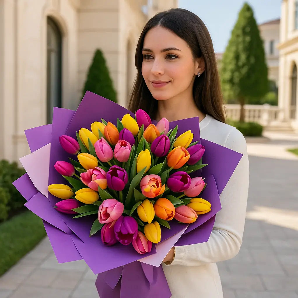 Hand-tied bouquet of colorful tulips in lavender wrapping held by woman in elegant courtyard — premium flower delivery in Miami