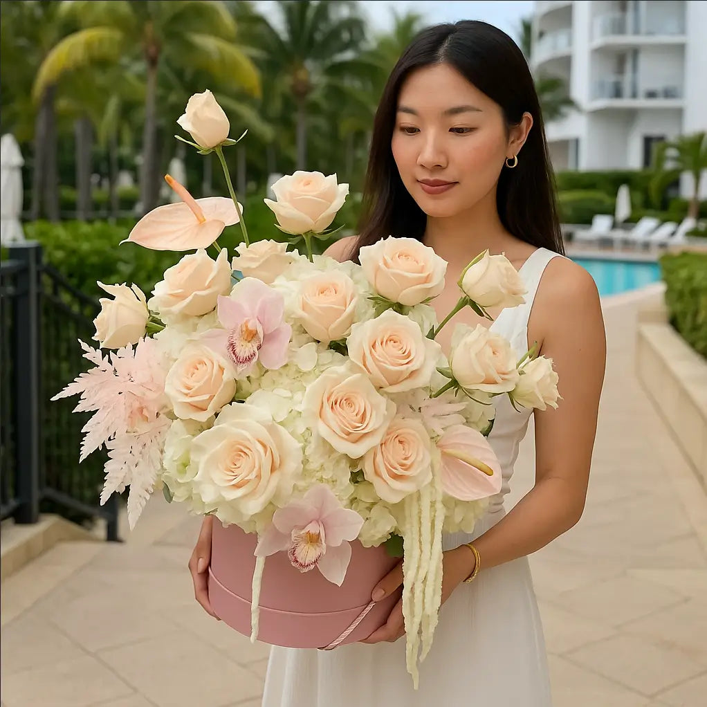 Blush designer flower box with white hydrangeas and pink orchids by luxury pool — same-day Miami delivery