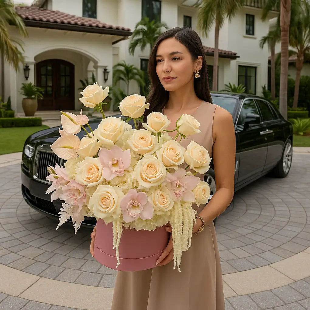 Large blush box with roses and orchids held by woman in front of villa and black Rolls-Royce — Miami flower delivery