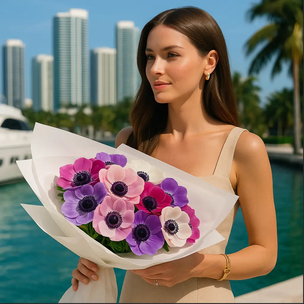 Hand-tied anemone bouquet in white paper held by woman in beige dress near Miami marina with yachts and skyline — luxury flower delivery