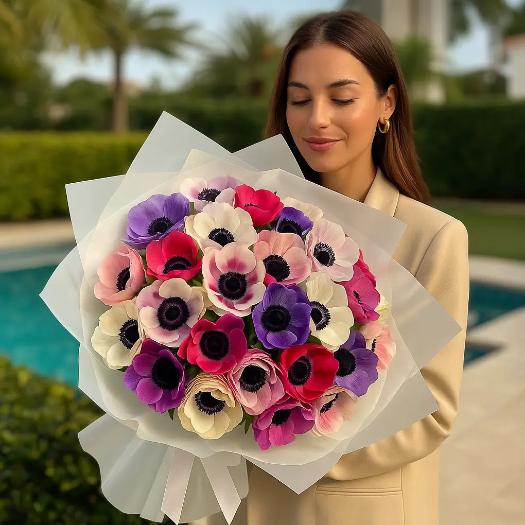 Hand-tied bouquet of anemones in pink, lilac, and white tones wrapped in white paper held by woman near a luxury pool — Miami flower delivery