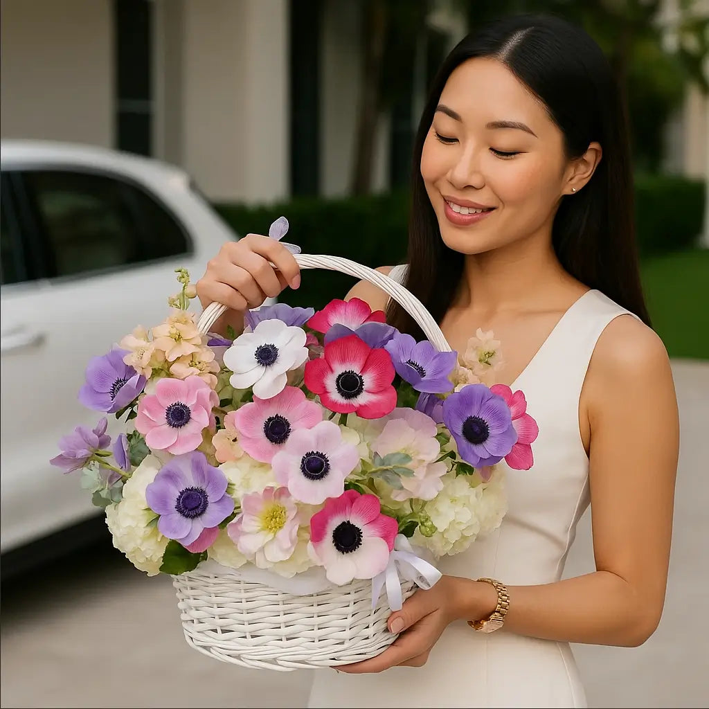 Elegant pastel floral basket with anemones held by woman in white dress near luxury car — Miami flower delivery