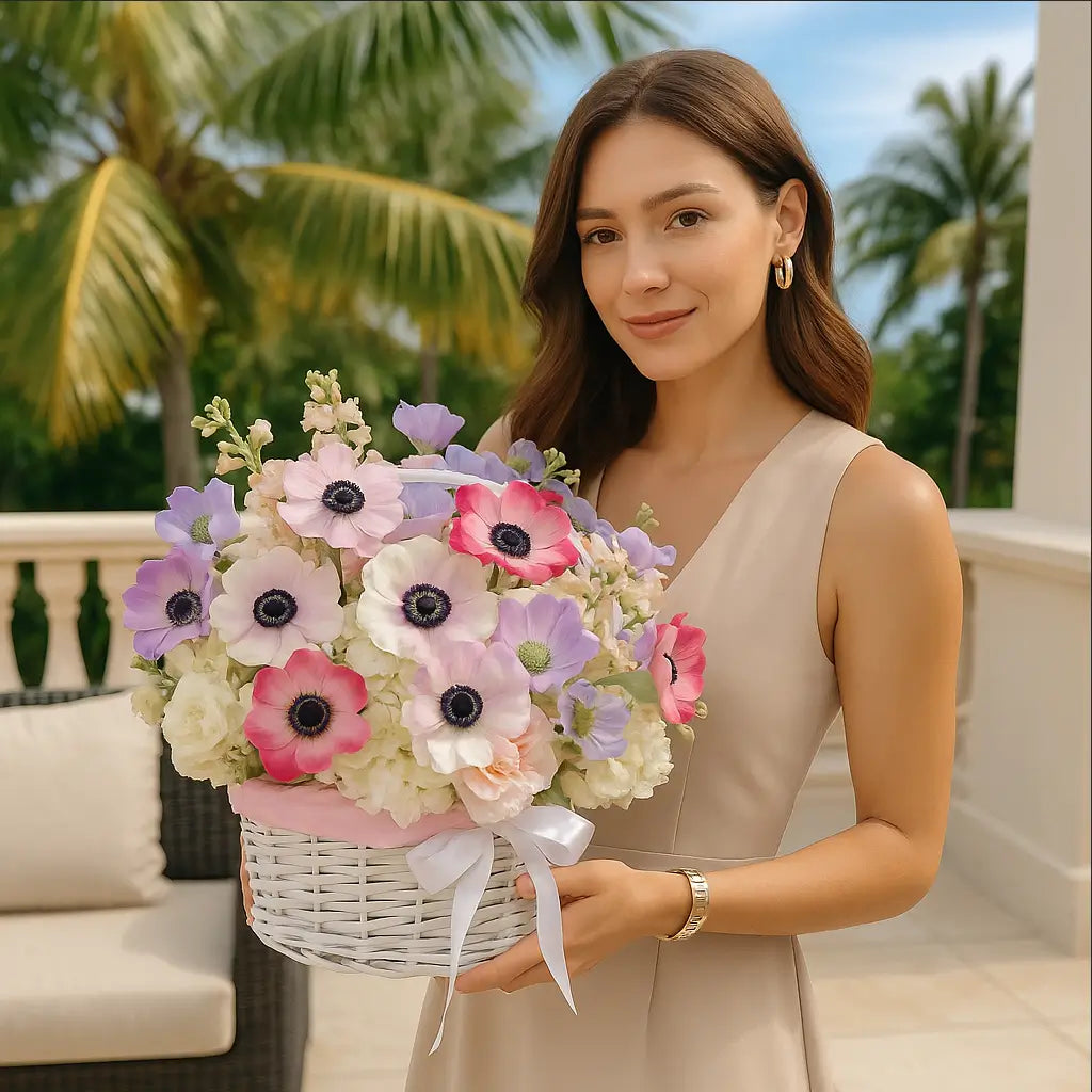 Soft pink and lavender floral basket with anemones and hydrangeas held by woman on villa patio — luxury Miami delivery
