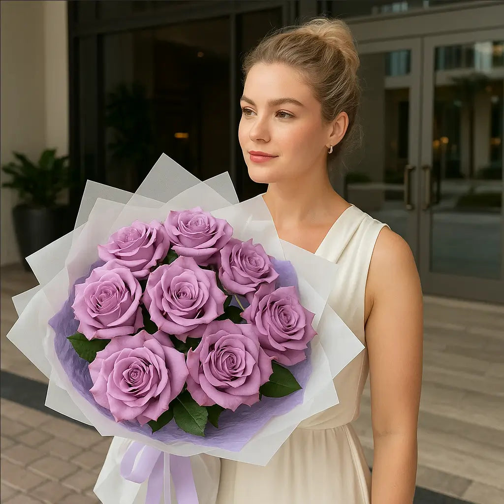 Elegant lavender rose bouquet in violet wrapping held by blonde woman in white blouse near modern Miami building — unforgettable flower gif