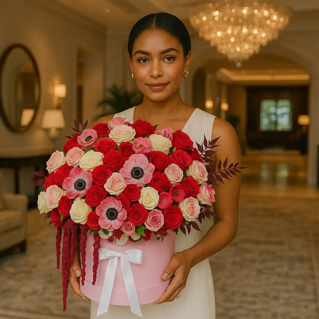 Vivian luxury flower box with small anemones and roses — limited edition bouquet for same-day flower delivery Miami