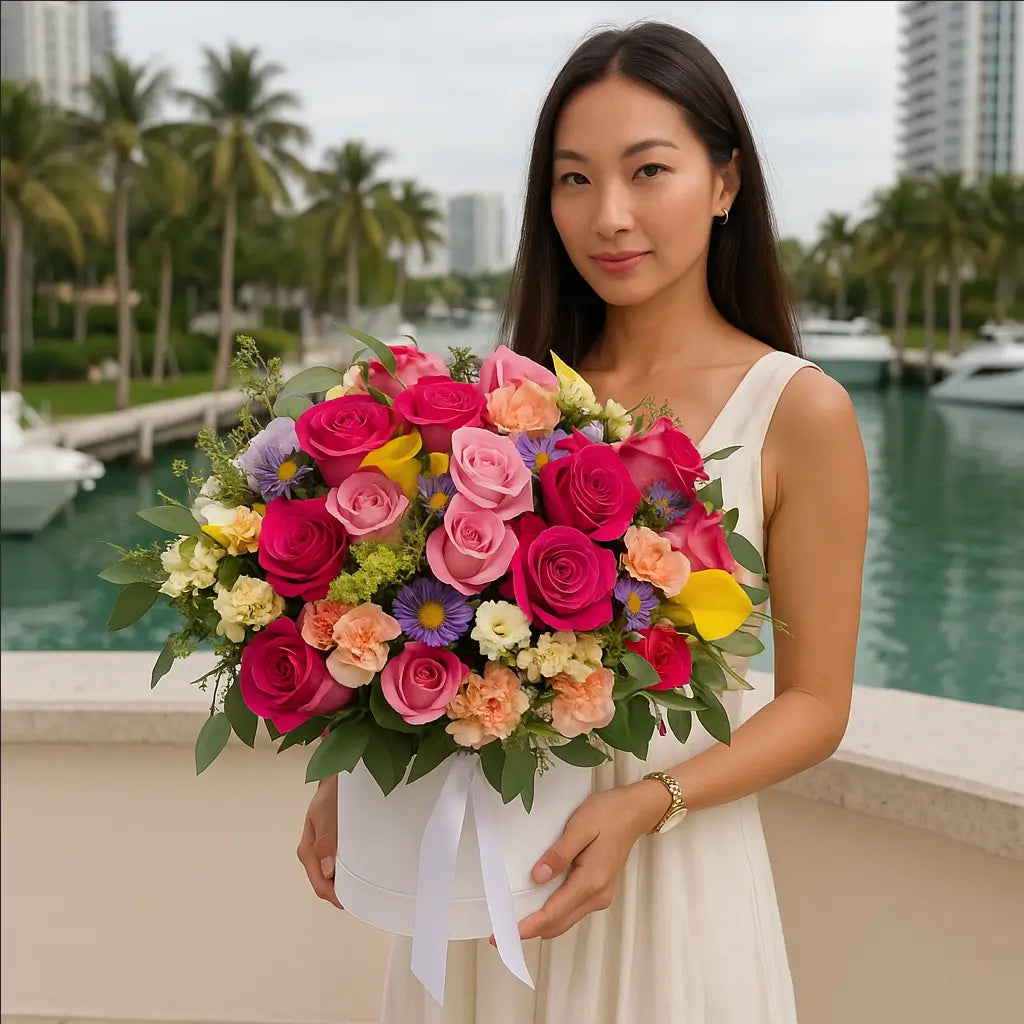  Elegant hand-tied bouquet with vivid roses and asters held by woman at marina balcony — Miami luxury flower delivery