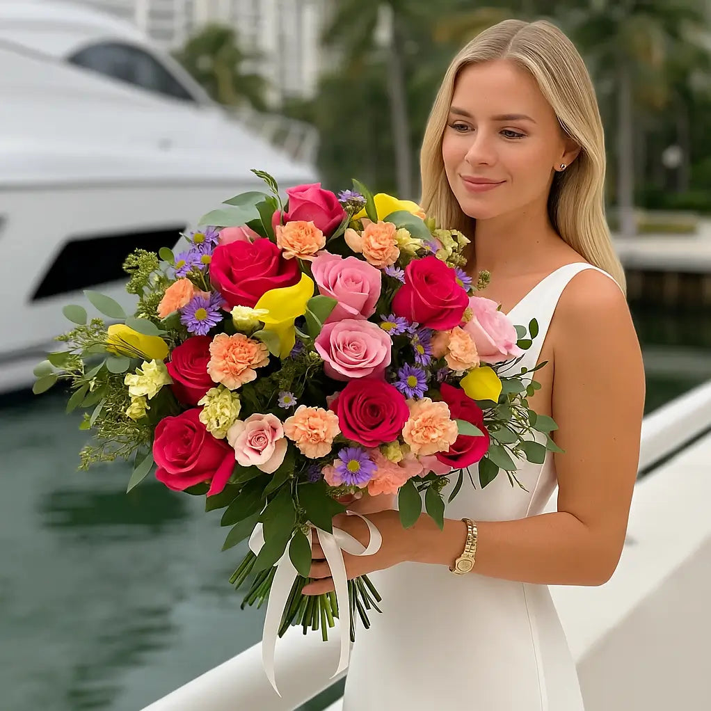 Vibrant hand-tied bouquet with roses, callas, and asters held by woman near yacht marina — luxury flower delivery Miami