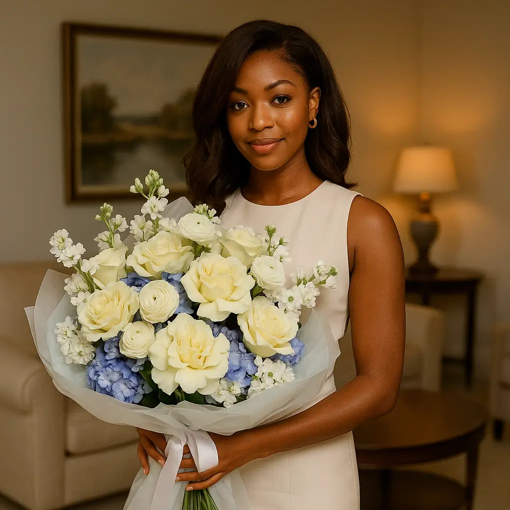 Waves of Tenderness bouquet with white roses and blue hydrangeas in sheer white wrap — luxury flower delivery for elegant moments