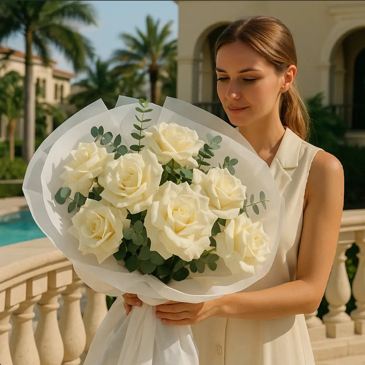 Hand-tied bouquet of white roses and eucalyptus in white wrapping held by woman on a marble balcony — elegant flower gift Miami