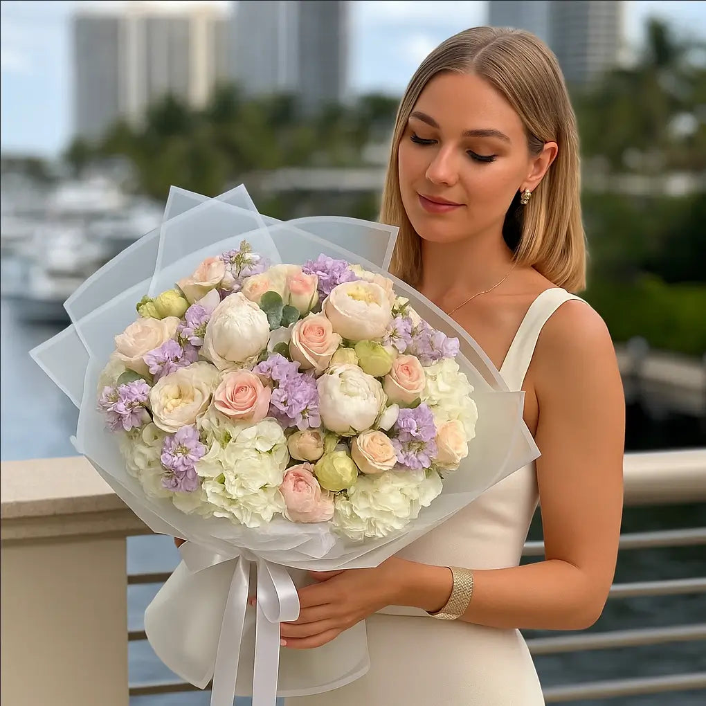 Elegant pastel bouquet of roses, peonies, hydrangeas wrapped in white held by woman at Miami marina — romantic luxury flower delivery