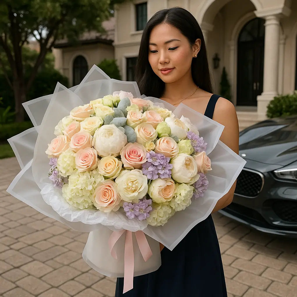 Oversized pastel bouquet with roses and peonies held by woman in front of luxury villa and car — romantic flower delivery Miami