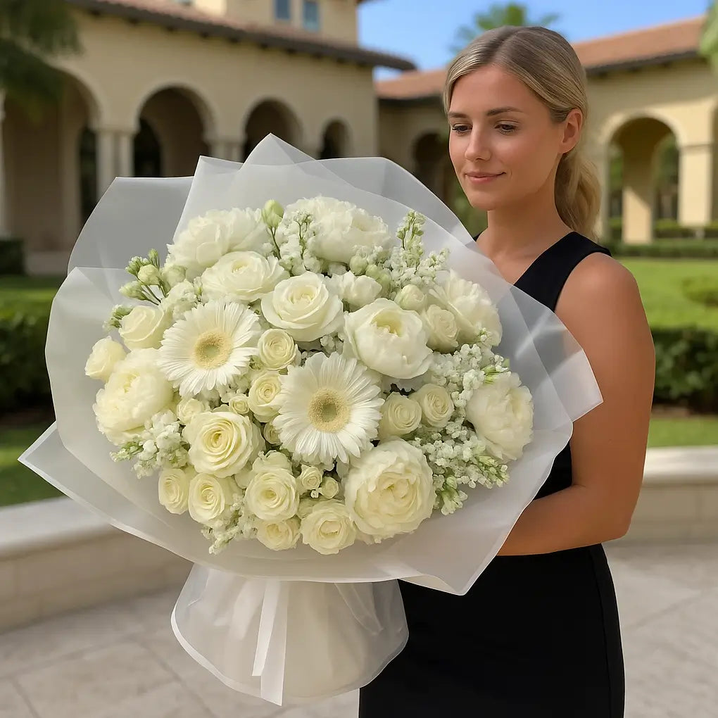 Elegant bouquet with white peonies, roses and daisies in designer wrapping held by woman in villa courtyard — luxury flower gift Miami