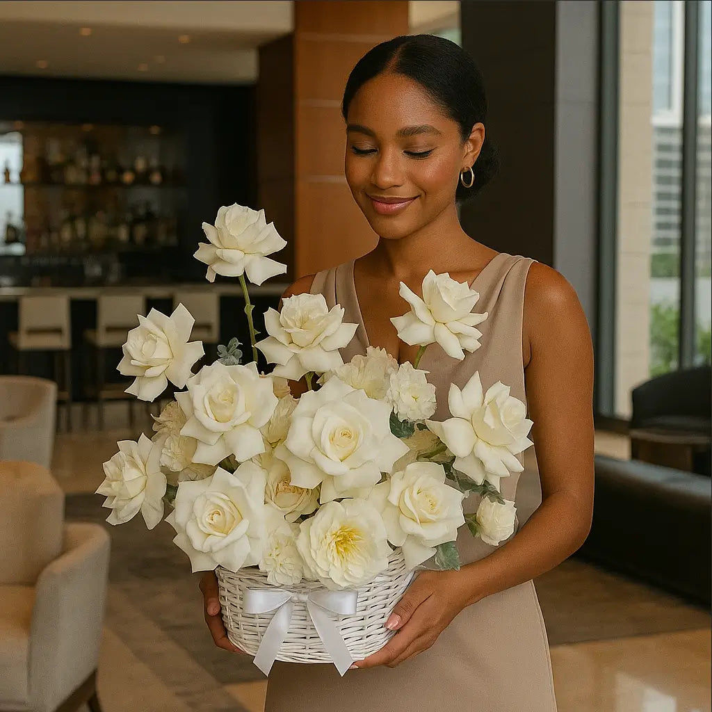 Elegant white rose basket held by woman in designer lounge — romantic white floral gift delivery Miami